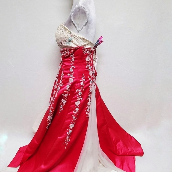 Vintage Precious Formals Special Made Magenta Beaded Floral Lace Tulle Ball Gown - Picture 7 of 16